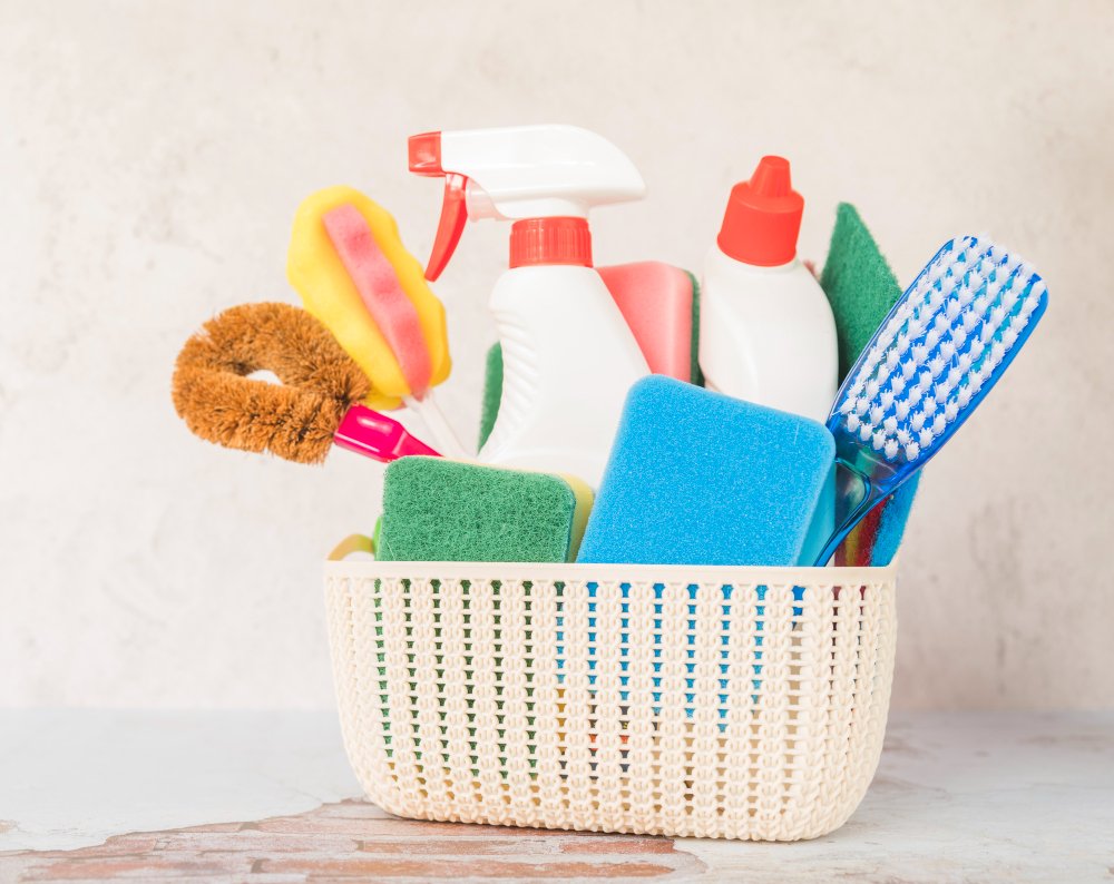 Cleaning items like soap, glass cleaner, sanitizers, and more to maintain a hygienic space.